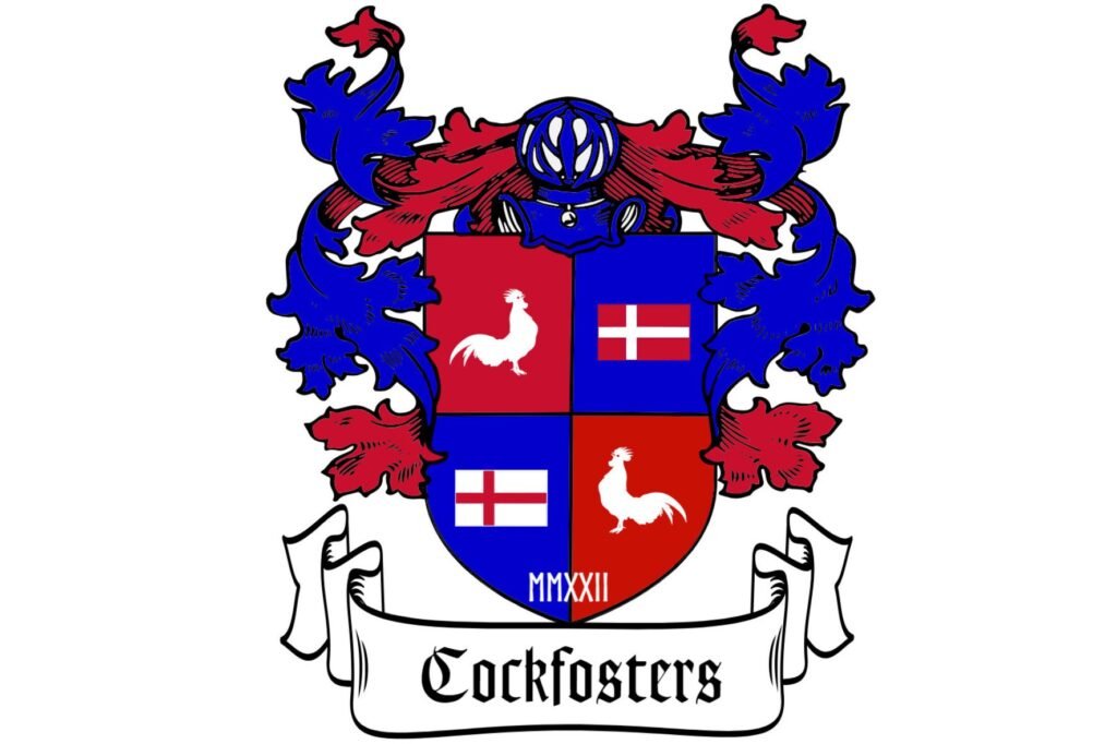 a blue red and white shield with white text